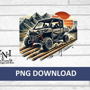 May include: A digital illustration of a tan and black Can-Am off-road vehicle driving through a field. The vehicle is surrounded by green trees and a red sun in the background. The text "Can-Am" is visible on the side of the vehicle.