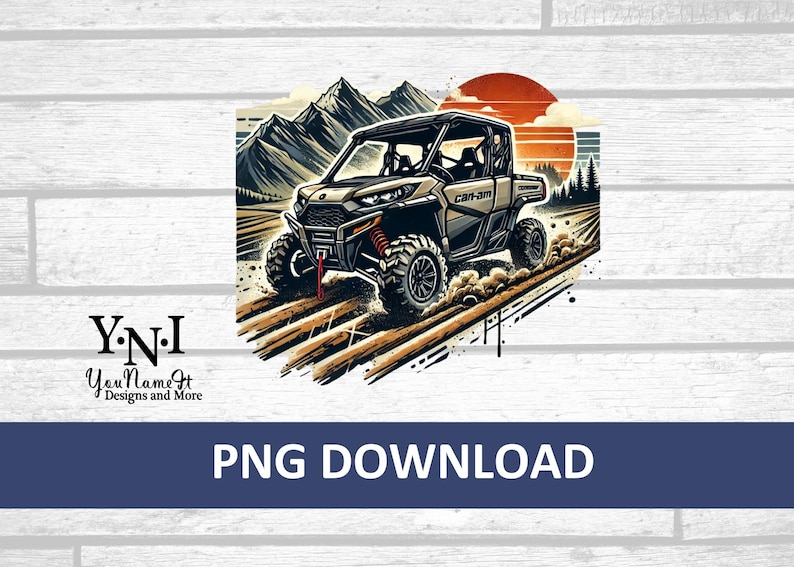 May include: A digital illustration of a tan and black Can-Am off-road vehicle driving through a field. The vehicle is surrounded by green trees and a red sun in the background. The text "Can-Am" is visible on the side of the vehicle.