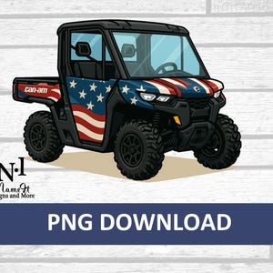 Può includere: Illustrazione digitale di un veicolo Can-Am side-by-side con un design a bandiera americana sul lato. Il veicolo è nero, blu e rosso, con grandi pneumatici neri. L'immagine include il testo "PNG DOWNLOAD".