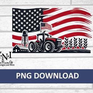 May include: A red, white, and blue American flag with a tractor driving through it. The tractor is red and black with a water tower in the background. The text "Y.N.I. You Name It Designs and More" is at the bottom of the image.