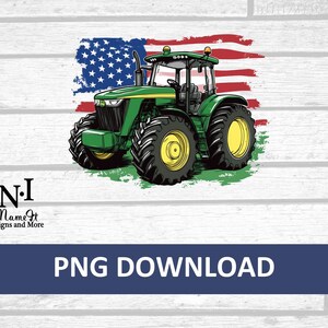 May include: Green tractor with a red, white, and blue American flag in the background. The tractor has a green cab and black wheels. The flag is faded and has a distressed look.