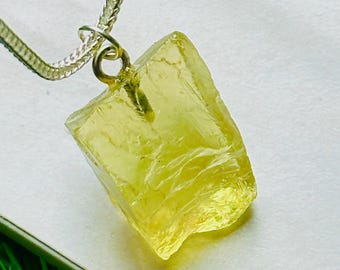 Raw Lemon Quartz Pendant | Natural Yellow Crystal, Steel Chain