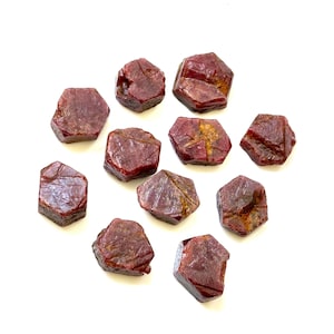May include: Eleven rough-cut, dark red ruby gemstones are displayed. The gemstones have a faceted appearance with visible texture and colour variations, set against a white background.