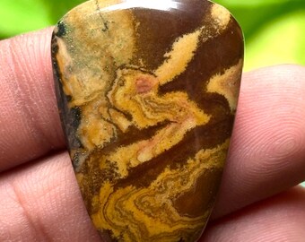 May include: A polished, teardrop-shaped gemstone with a swirling pattern of brown, tan, and yellow hues. The stone has a glossy finish and a smooth surface, showcasing natural variations in colour and texture. The gemstone is held in a hand.