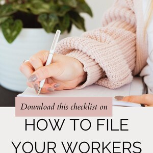 May include: A person's hand writing on a white notepad with a white pen. The text on the page reads "Download this checklist on HOW TO FILE YOUR WORKERS COMP CLAIMS".