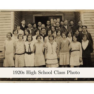 May include: Vintage black and white photograph of a high school class from the 1920s. The group of students, both male and female, are posed in front of a wooden building. The text "1920s High School Class Photo" is displayed at the bottom.