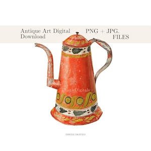 Könnte beinhalten: Eine antike rote und weiße Teekanne aus Metall mit langem Ausguss und Griff. Die Teekanne hat dekorative grüne und gelbe Blumenmuster um den Boden und den Deckel. Der Text "Antique Art Digital Download" und "PNG + JPG. FILES" ist sichtbar.
