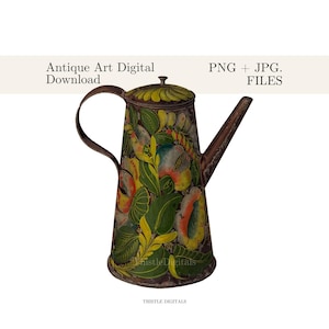 Könnte beinhalten: Antike Metallkanne mit floralem Design in Grün-, Gelb- und Rottönen. Die Kanne hat einen braunen Griff und Ausguss. Der Text "Antique Art Digital Download" und "PNG + JPG FILES" sind sichtbar.