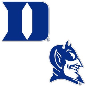 May include: Two blue and white Duke University logos on a white background. The first logo is a large blue "D" with a white vertical stripe. The second logo is a blue devil head.