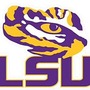 May include: LSU Tigers logo with a purple and gold tiger head and the letters LSU in purple with a gold outline.