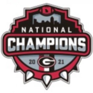 May include: A red, white, and gray National Champions logo with a large 'G' in the center. The logo has a cityscape silhouette, a football, and the years '20' and '21' on either side of the 'G'.
