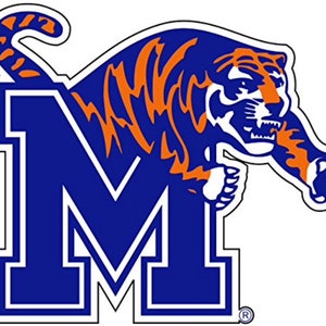 May include: A blue "M" with a white outline and an orange tiger with black stripes leaping over the letter. The tiger has a white mouth and white claws.