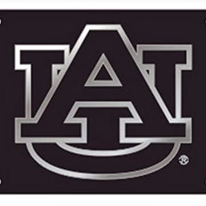 May include: Black and silver metal license plate featuring the Auburn University logo, a stylized "AU" in a silver outline.