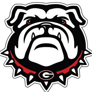 May include: A sticker featuring the University of Georgia Bulldogs mascot. The bulldog's face is black and white with red accents, including a spiked collar and red eyes. The letter "G" is in the center of the collar.