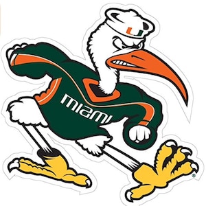 May include: A green and orange cartoon mascot of a bird wearing a sailor hat with the word "Miami" on its chest.