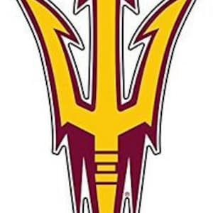 May include: A gold and maroon stylized spearhead, the official logo of Arizona State University.