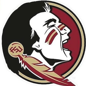 May include: A black and red Seminole Indian head logo with a feather and the letters FSU in a gold circle.