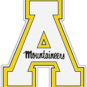 May include: A white letter A with a yellow outline. The letter is in a bold, blocky font. The word "Mountaineers" is written in black below the letter A.