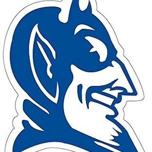 May include: Blue and white silhouette of a devil's head with horns, a pointed ear, and a beard. The devil is facing right and has a mischievous expression.