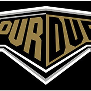 May include: Black license plate featuring the word "PURDUE" in gold, with a white and silver outline, set against a black background. The design is in a stylized, geometric shape, with the Purdue logo.