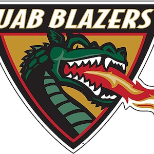 May include: A green dragon with red flames coming out of its mouth, inside a black triangle with a gold background. The text "UAB Blazers" is above the dragon.