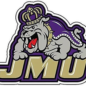 May include: A purple and gold mascot logo with a bulldog wearing a crown and a purple robe. The bulldog is standing on the letters "JMU".