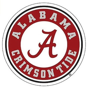 May include: A red and white circular logo with the words "Alabama Crimson Tide" in a gray font around the outside. The letter "A" in a red font is in the center of the circle.