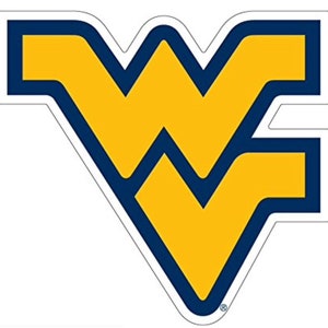 May include: A gold and navy blue stylized letter W logo. The logo is a double W with the top W overlapping the bottom W. The logo is a popular symbol for West Virginia University.