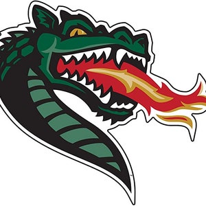 May include: A green dragon with red and yellow flames coming out of its mouth. The dragon has a black and green striped neck and a white outline.