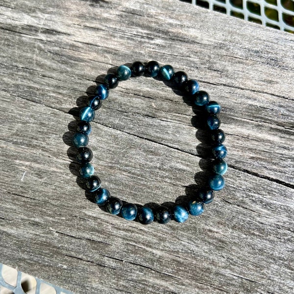 6mm Blue Tigers Eye Crystal Gemstone Bead Bracelet For Strength & Protection - Custom Made in USA