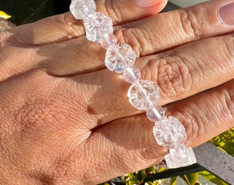 Carved Flower Rose Quartz Crystal Gemstone Stretch Bead Bracelet for Love & Healing - Custom Made In USA