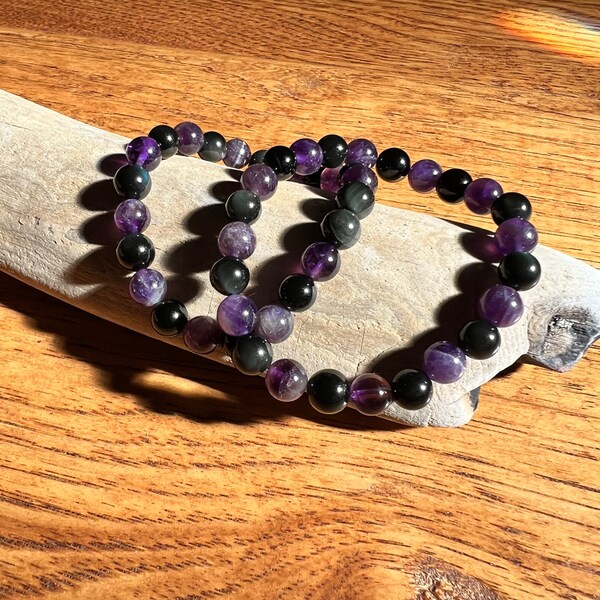 8mm Sur mesure sur commande - Rainbow Obsidian & Amethyst Crystal Gemstone Bead Bracelet - Stretch Friendship Bracelet - Made In USA