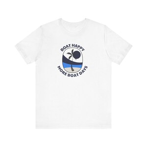 Boat Happy T-Shirt, Palm Tree, Sun and Wave Design, Bella + Canvas 3001, Nautical Navy & Black Text, Coastal Boating Shirt, Boating T-Shirt