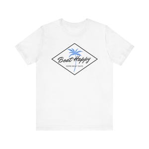 Boat Happy T-Shirt, Blue Palm Tree Diamond Design, Bella + Canvas 3001, Coastal Boating Graphic Tee, Nautical Lifestyle Shirt, Boat T-shirt