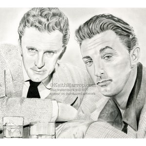 Kirk Douglas and Robert Mitchum  - Pencil illustration. Original & prints (Signed by artist: Keith Harrop).