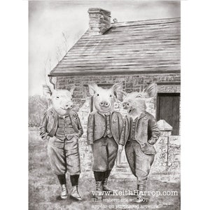 Los tres cerditos©. Dibujo a lápiz y grabados firmados. N.° 39 Arte animal victoriano de la colección Anicurio del artista británico Keith Harrop