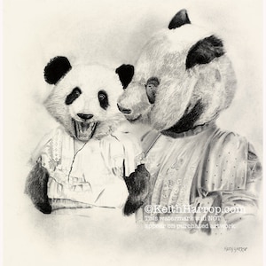 Puede incluir: Un dibujo a lápiz en blanco y negro de dos pandas con vestidos. El panda de la izquierda sonríe y mira hacia la derecha. El panda de la derecha mira hacia adelante. El dibujo está firmado "Keith Harrop" en la esquina inferior derecha.