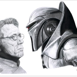 Ilustración a lápiz. Original y grabados (firmados por el artista: Keith Harrop). Adama / Cylon. Battlestar Galactica