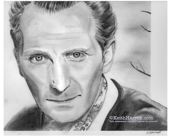 Peter Cushing - Pencil illustration. Hammer Horror movie legend. Original & prints (Signed by artist: Keith Harrop).