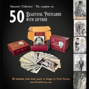 Puede incluir: Un conjunto de 50 postales ilustradas en blanco y negro en una caja de regalo roja. Las postales presentan diseños de arte de lápiz dibujados a mano de animales que visten ropa. La caja tiene el texto 'Anicurion™ Collection' y '50 Beautiful Postcards'.