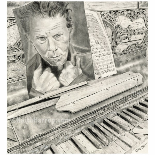 Tom Waits and an old piano  - Pencil. Original & prints (Signed). by Keith Harrop