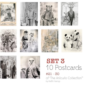 10 postales variadas (juego 3) 21 - 30 ilustraciones a lápiz de animales victorianos de la colección Anicurio del artista británico Keith Harrop