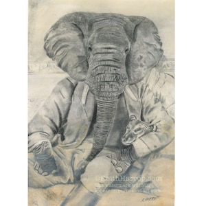 Puede incluir: Un dibujo a lápiz en blanco y negro de un elefante que lleva una camisa y sostiene un perro pequeño en sus brazos. El elefante tiene una trompa larga y orejas grandes. El perro está mirando al elefante. El dibujo está firmado "Keith Harrop" en la esquina inferior derecha.