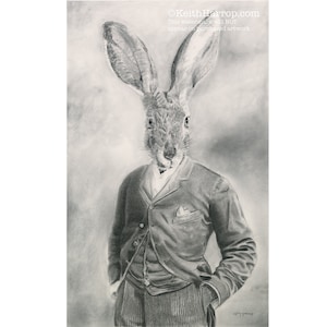 Puede incluir: Un dibujo a lápiz en blanco y negro de un conejo con traje y corbata. El conejo mira directamente al espectador. El dibujo está sobre un fondo blanco.