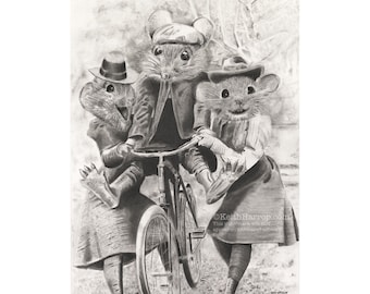 Mice on a bike.  Prints. #25 Victorian animal art from the Anicurio™ collection by British artist Keith Harrop.