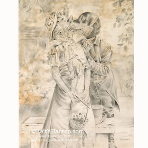 Gato y perro'. Arte a lápiz original e impresiones firmadas. #16 Arte animal victoriano de la colección Anicurio™ del artista británico Keith Harrop.