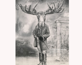 Alce. Stampe d'arte firmate a matita.  #34 Arte animale vittoriana della collezione Anicurio™ dell'artista britannico Keith Harrop.