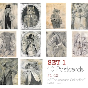 10 postales variadas (juego 1): 1 - 10 dibujos a lápiz de arte animal de la época victoriana de la colección Anicurio™ del artista británico Keith Harrop.