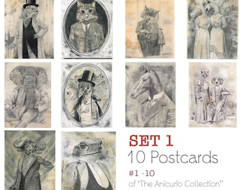 10 Assorted Postcards (Set 1) : 1 - 10 Pencil illustrations from the Anicurio®' collection. By British artist Keith Harrop.