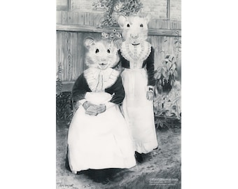 Mäusemädchen im Garten. Original Bleistift Kunst und signierter Druck. #19 aus der Anicurio™ Kollektion des britischen Künstlers Keith Harrop.